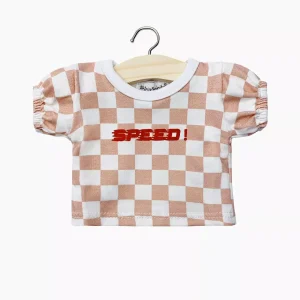 Minikane X Delage – T-shirt Lilou en jersey damier rose et blanc « SPEED! »